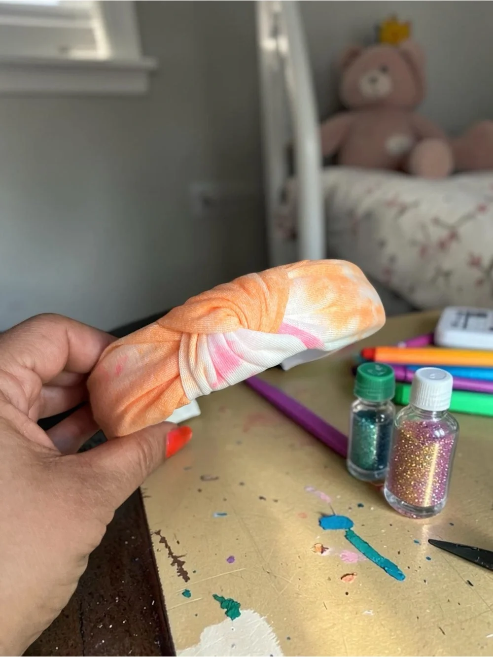 Handmade Girls Tie Dye Top Knot Headband Orange Pink Pastel Summer Hair Access